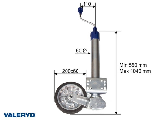 [6659018] Valeryd - Stützrad Ø60mm Aut.klappbar 200x60, Höhe 550mm, Stützlast 250 Kg, chromglänzend(V2A)